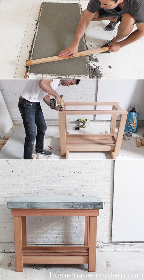 DIY wood kitchen island with a concrete top